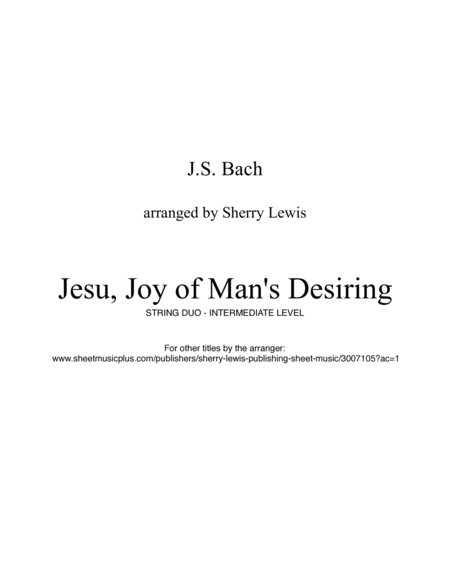 JESU, JOY OF MAN'S DESIRING- String Duo, Intermediate Level for violin and cello image number null