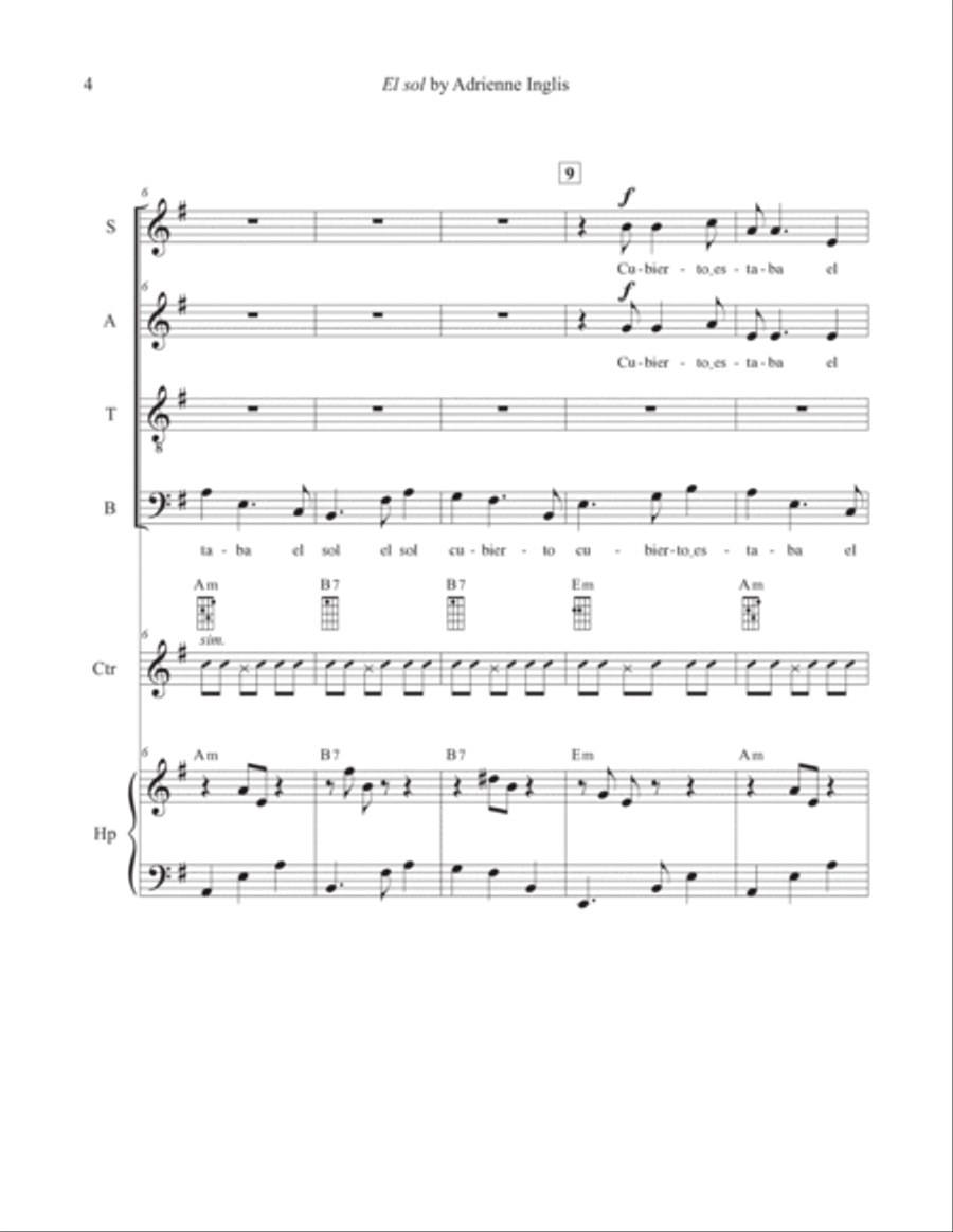El sol for SATB, pedal or lever harp, cuatro 4-Part scores gallery preview page 4