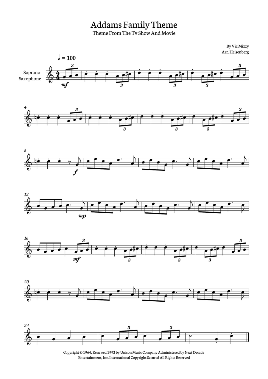 Addams Family Theme Soprano Saxophone scores gallery preview page 1