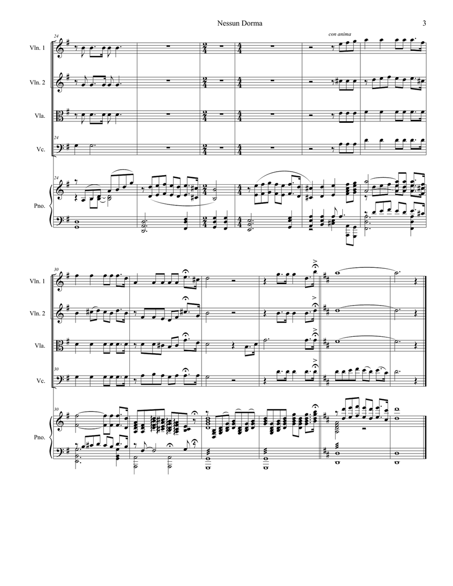 Nessun Dorma Piano Quintet scores gallery preview page 3