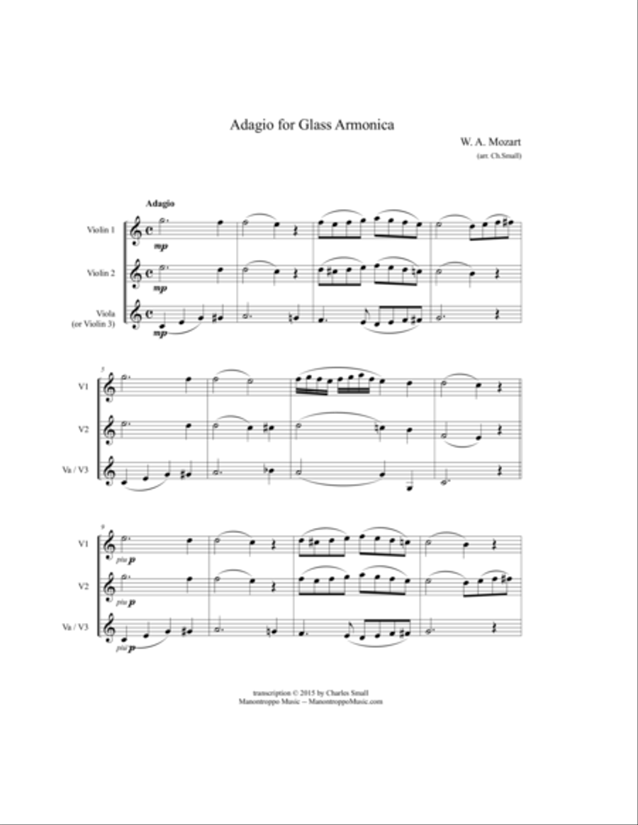 Adagio for Glass Armonica (Mozart) String Trio scores gallery preview page 1