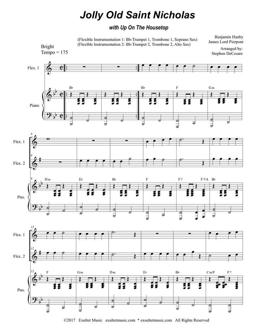 Jolly Old Saint Nicholas with Up On The Housetop (Duet for Flexible Treble Instrumentation and Piano Small Ensemble scores gallery preview page 2