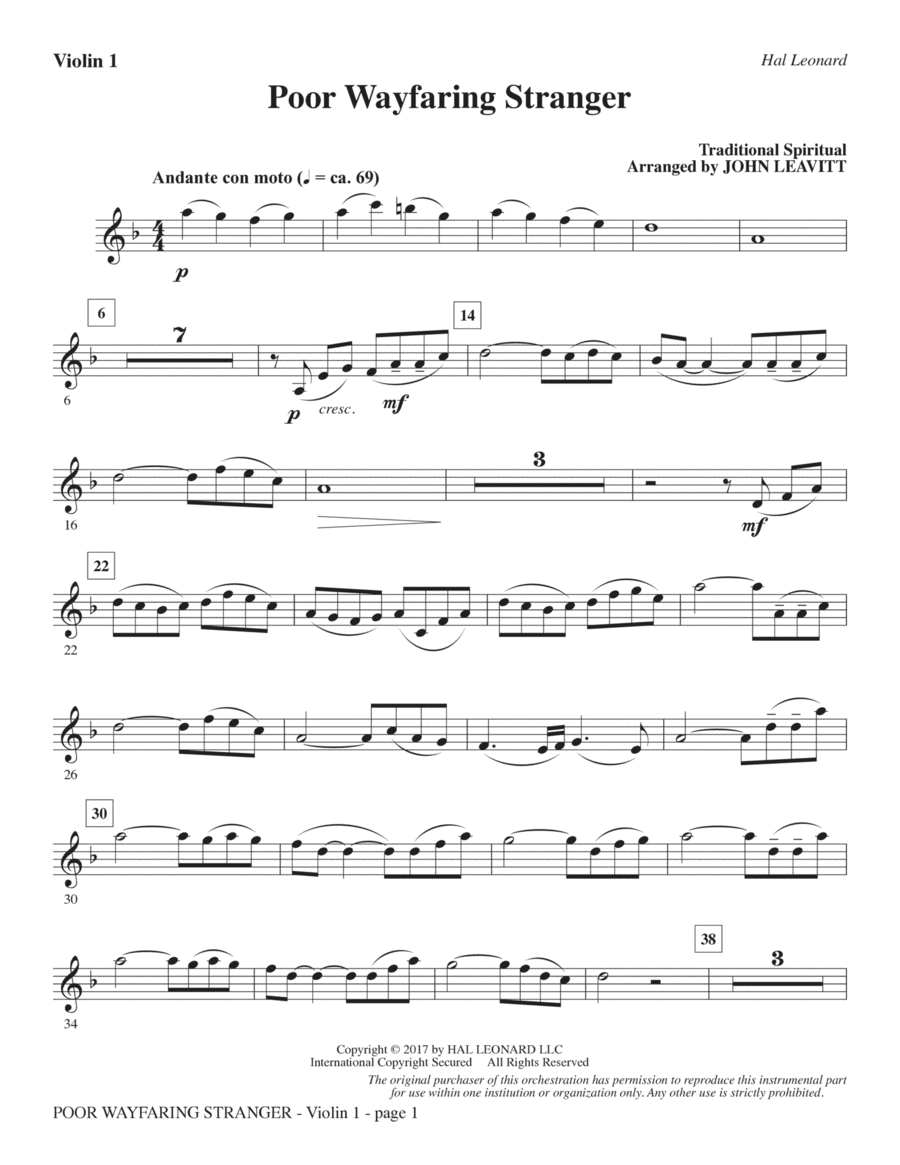 Poor Wayfaring Stranger (arr. John Leavitt) - Violin 1 Choir scores gallery preview page 1