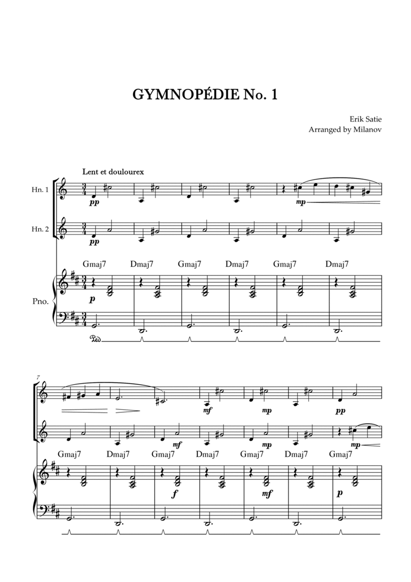 Gymnopédie no 1 | Horn in F Duet | Original Key | Chords | Piano accompaniment |Easy intermediate image number null