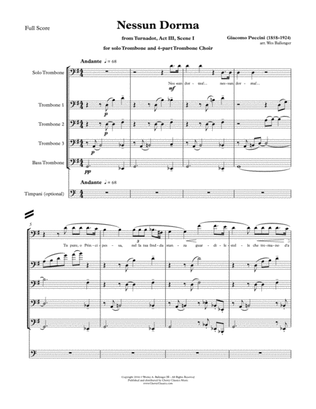 Nessun Dorma for Solo Trombone & 4-part Trombone Choir w. opt. Timpani
