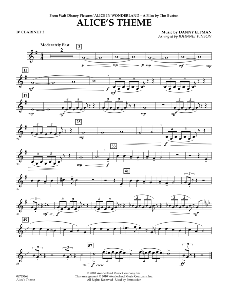 Alice's Theme (from Alice In Wonderland) - Bb Clarinet 2