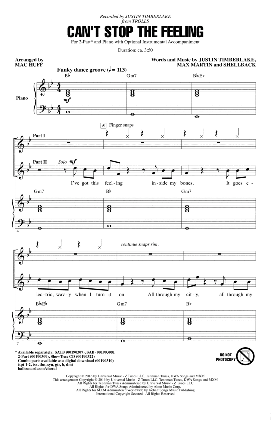 Can't Stop The Feeling (from Trolls) (arr. Mac Huff) 2-Part scores gallery preview page 1
