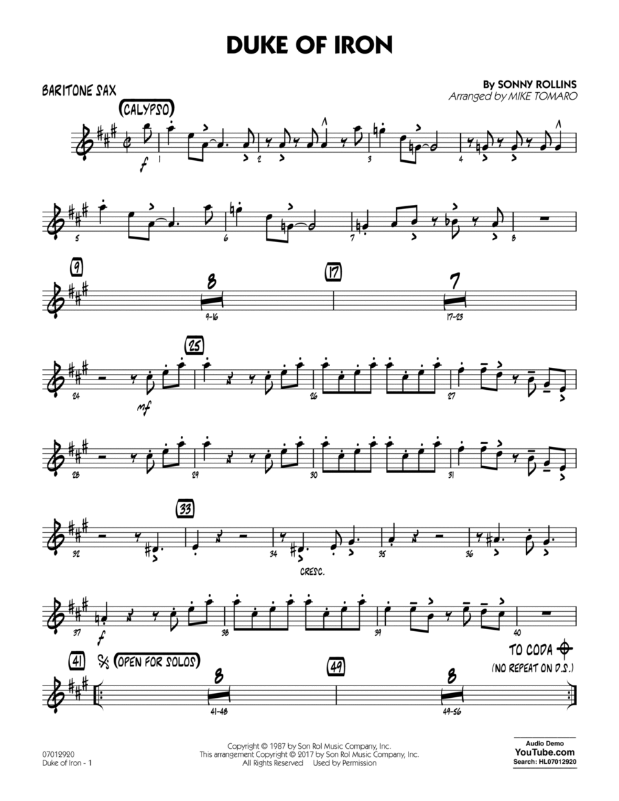 Duke Of Iron - Baritone Sax Baritone Saxophone scores gallery preview page 1