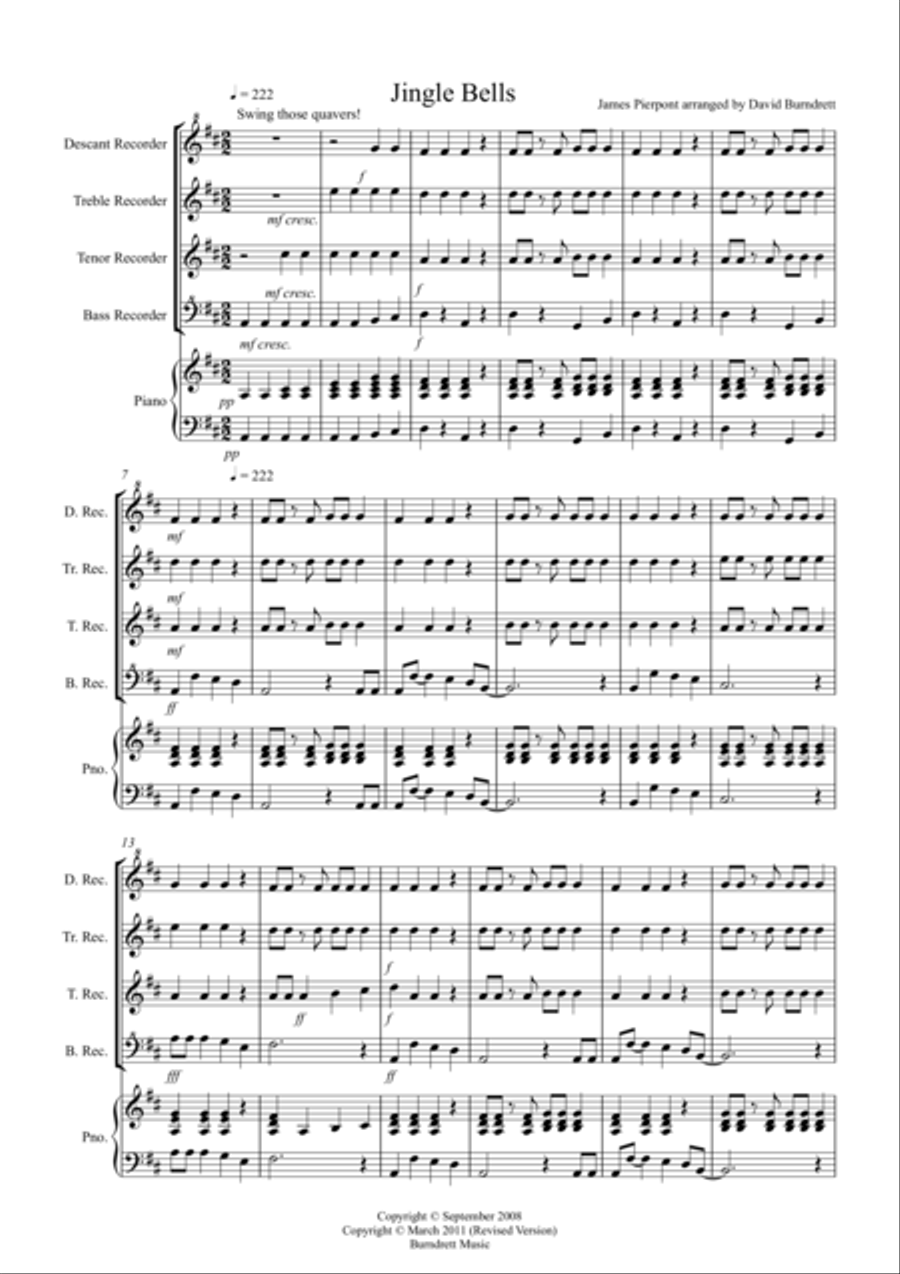 Jingle Bells (Jazzy Style!) for Recorder Quartet Recorder scores gallery preview page 1