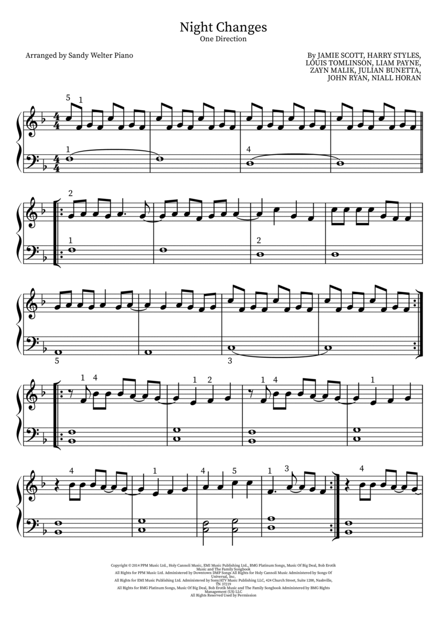 Night Changes Easy Piano scores gallery preview page 1