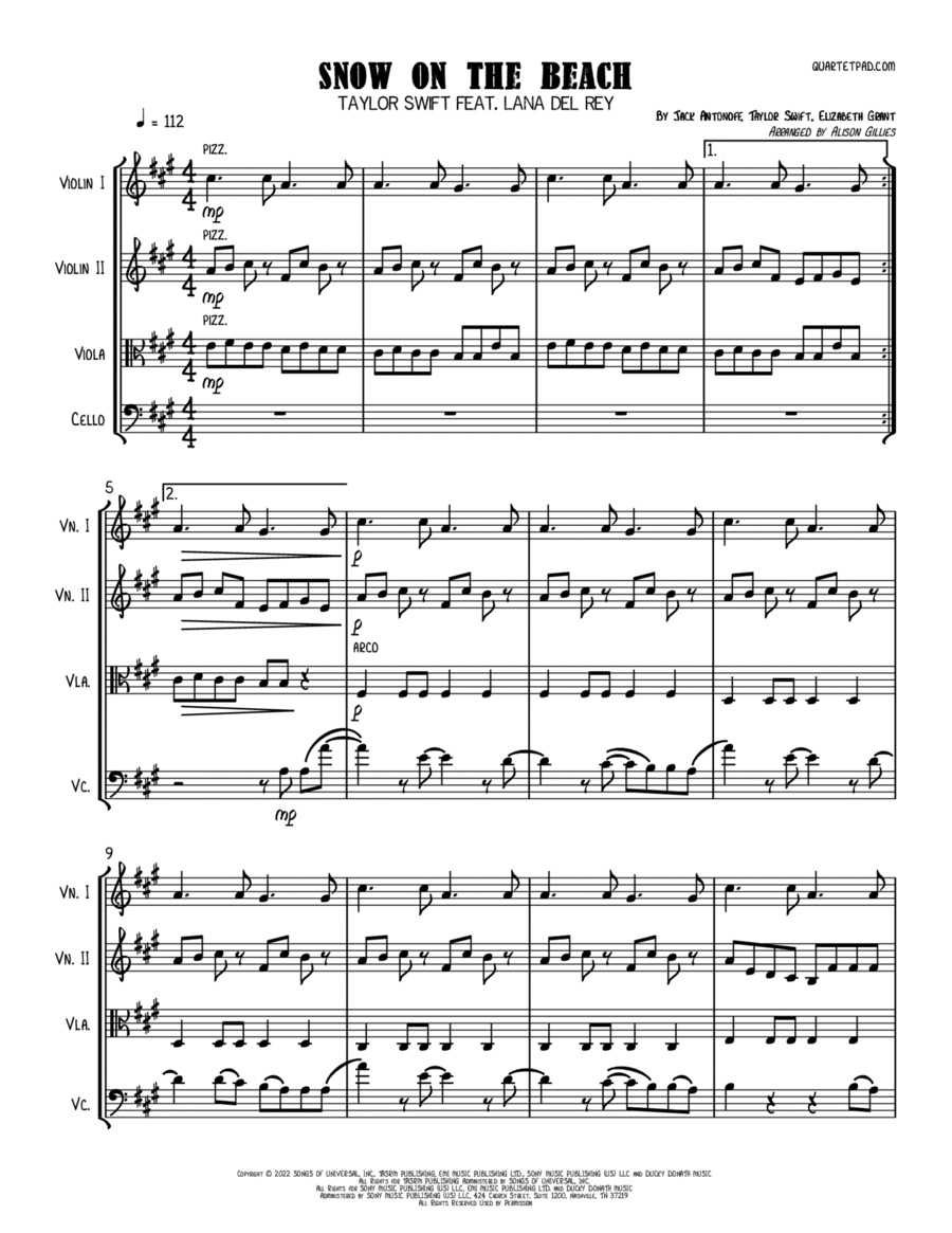 Snow On The Beach String Quartet scores gallery preview page 1