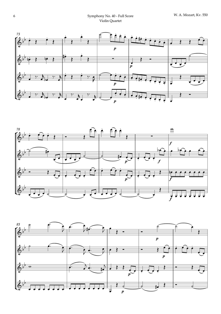 Symphony No. 40 by Mozart for Violin Quartet String Quartet scores gallery preview page 6