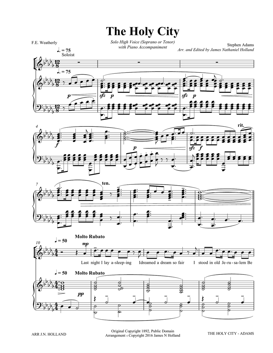 The Holy City for Solo High Voice (Soprano or Tenor) Voice and Piano (Key of Db) Tenor Voice scores gallery preview page 3