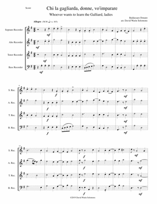 Chi la gagliarda (Whoever wants to learn the galliard) arranged for recorder quartet