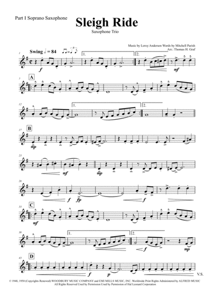 Sleigh Ride - Easy Swing - Saxophone Trio