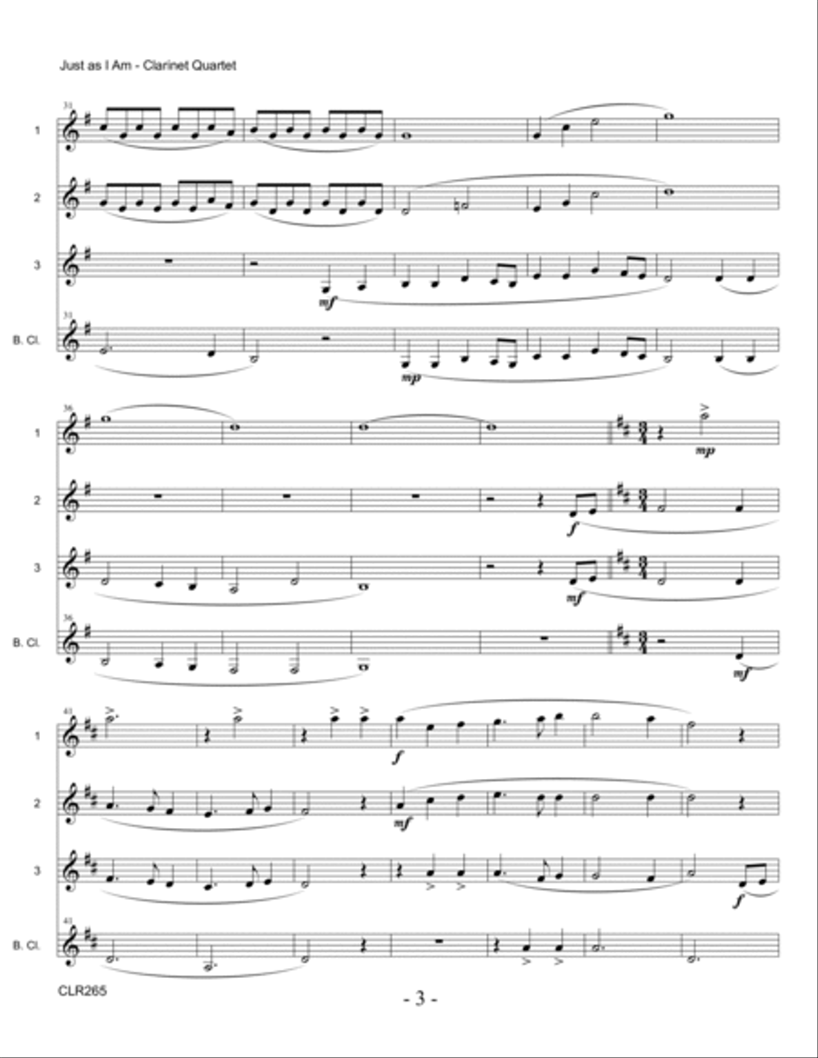 JUST AS I AM - CLARINET QUARTET (unaccompanied) Clarinet Quartet scores gallery preview page 3