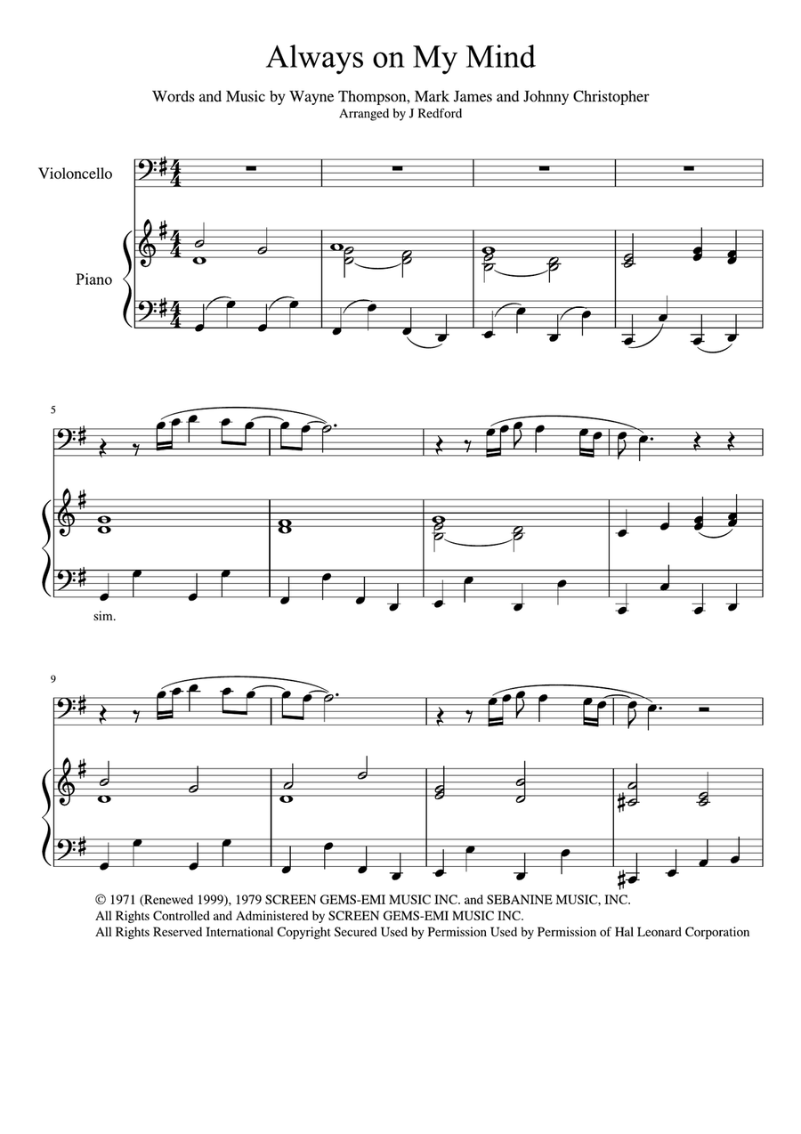 Always On My Mind Cello Solo scores gallery preview page 1