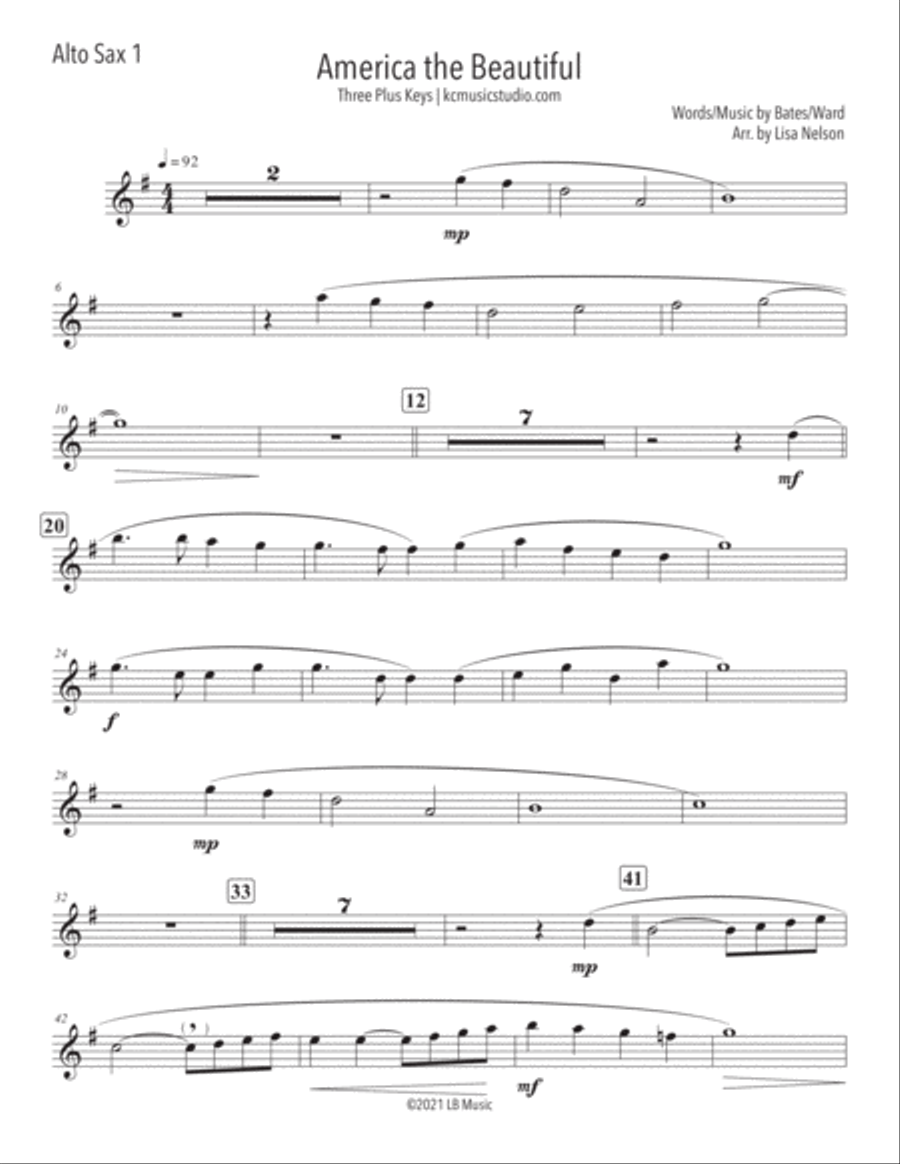 America the Beautiful Alto Sax Trio with Piano Accompaniment - Beginning Small Ensemble scores gallery preview page 3