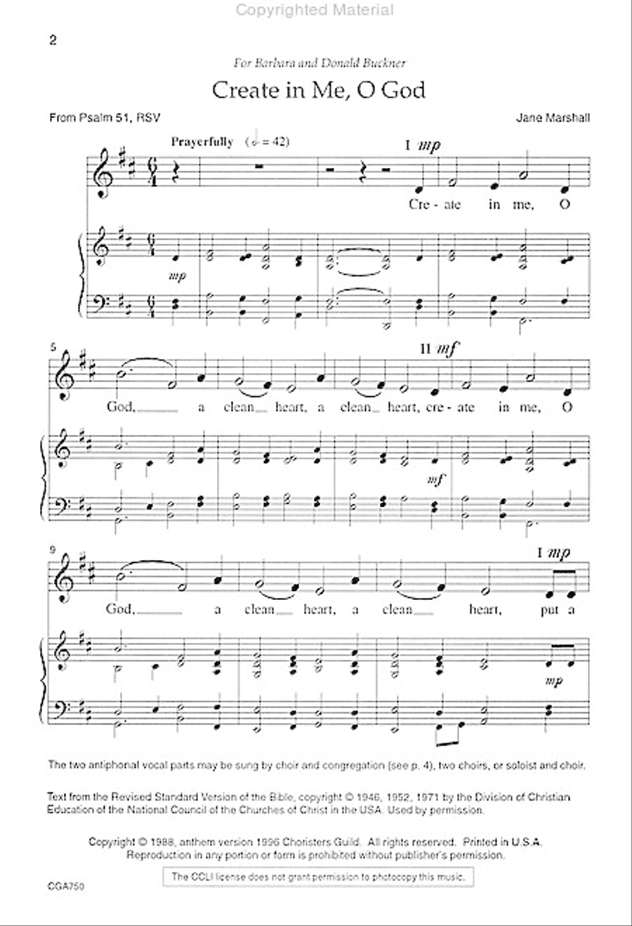Create in Me, O God Unison Choir scores gallery preview page 2