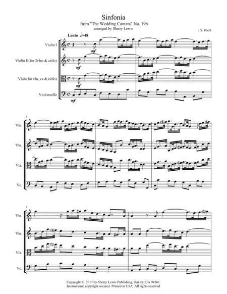 SINFONIA from "THE WEDDING CANTATA", Bach, String Trio, Intermediate Level for 2 violins and cello o image number null