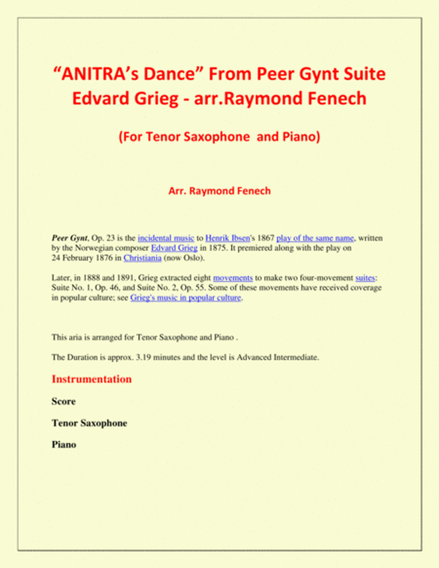 Anitra's Dance - From Peer Gynt - Tenor Saxophone and Piano image number null