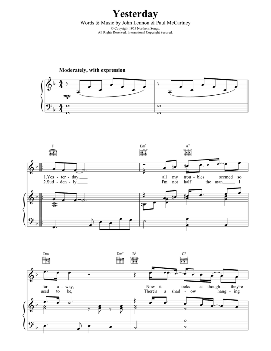 Yesterday Piano, Vocal, Guitar scores gallery preview page 1