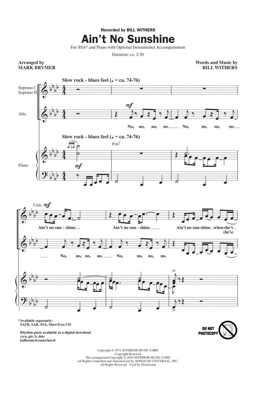 Ain't No Sunshine (arr. Mark Brymer) SSA scores gallery preview page 1