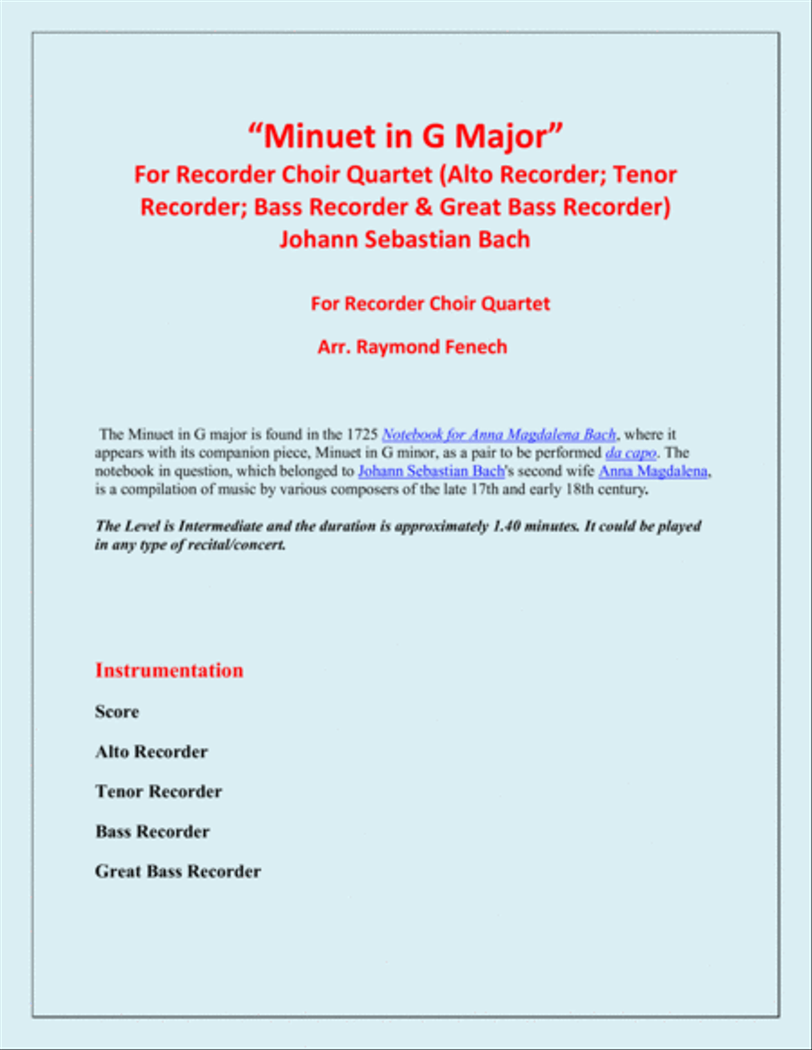 Minuet in G Major - J.S.Bach - Recorder Choir Quartet Recorder scores gallery preview page 2