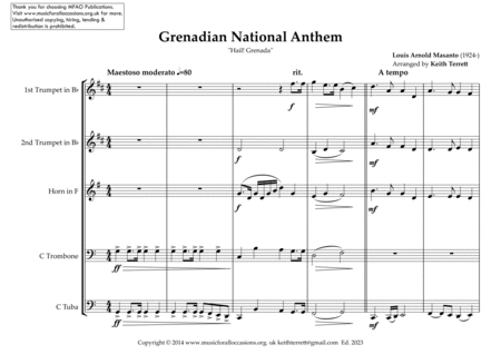 Grenadian National Anthem ''Hail! Grenada'' for Brass Quintet image number null