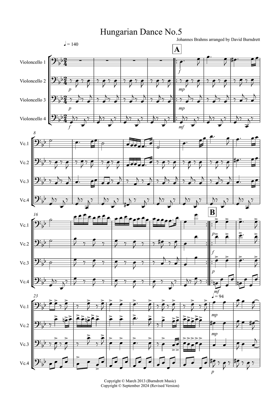 Hungarian Dance No.5 for Cello Quartet Cello Solo scores gallery preview page 1