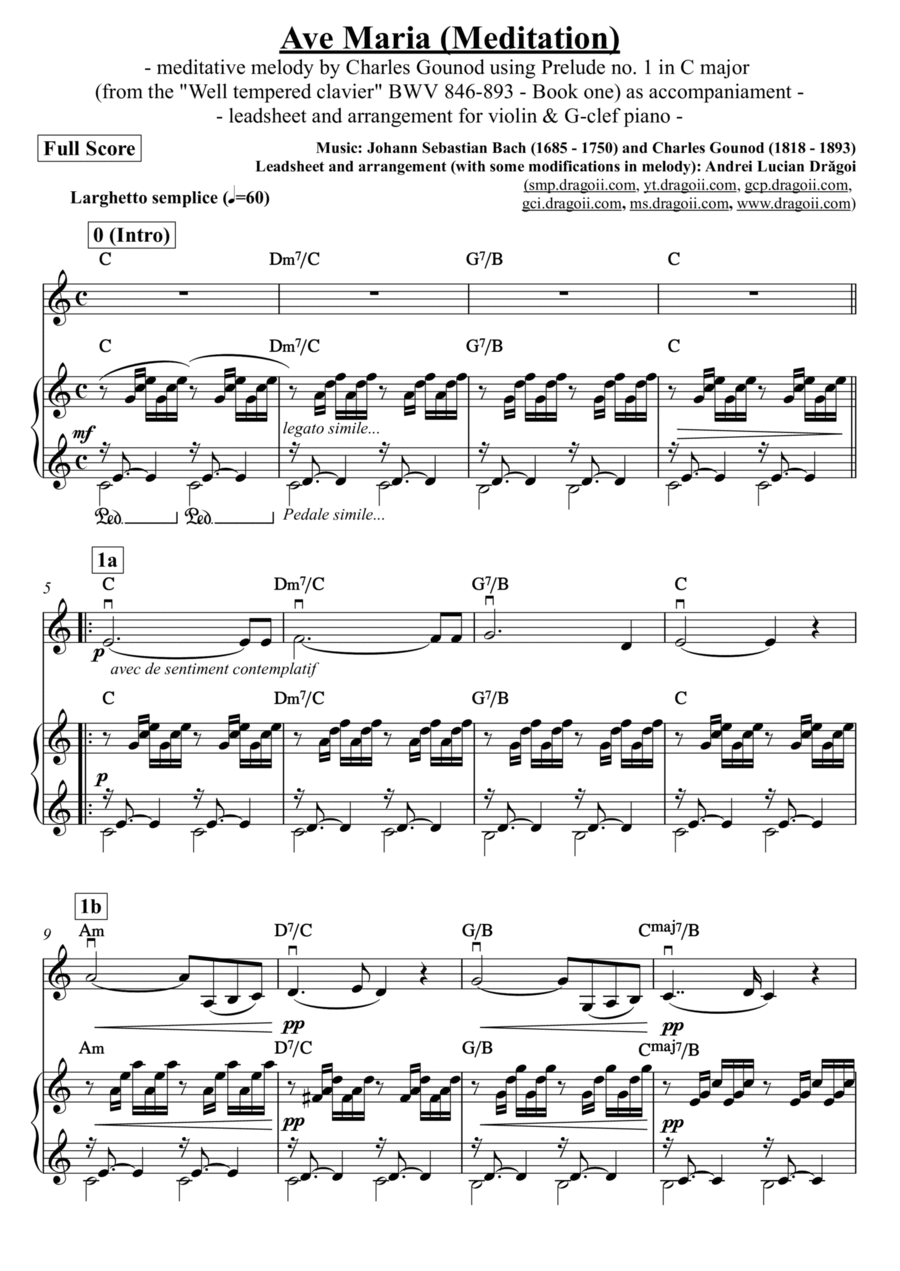 J.S. Bach - C. Gounod -- Ave Maria (meditative melody) -- violin&piano duet with lead sheet Violin scores gallery preview page 1