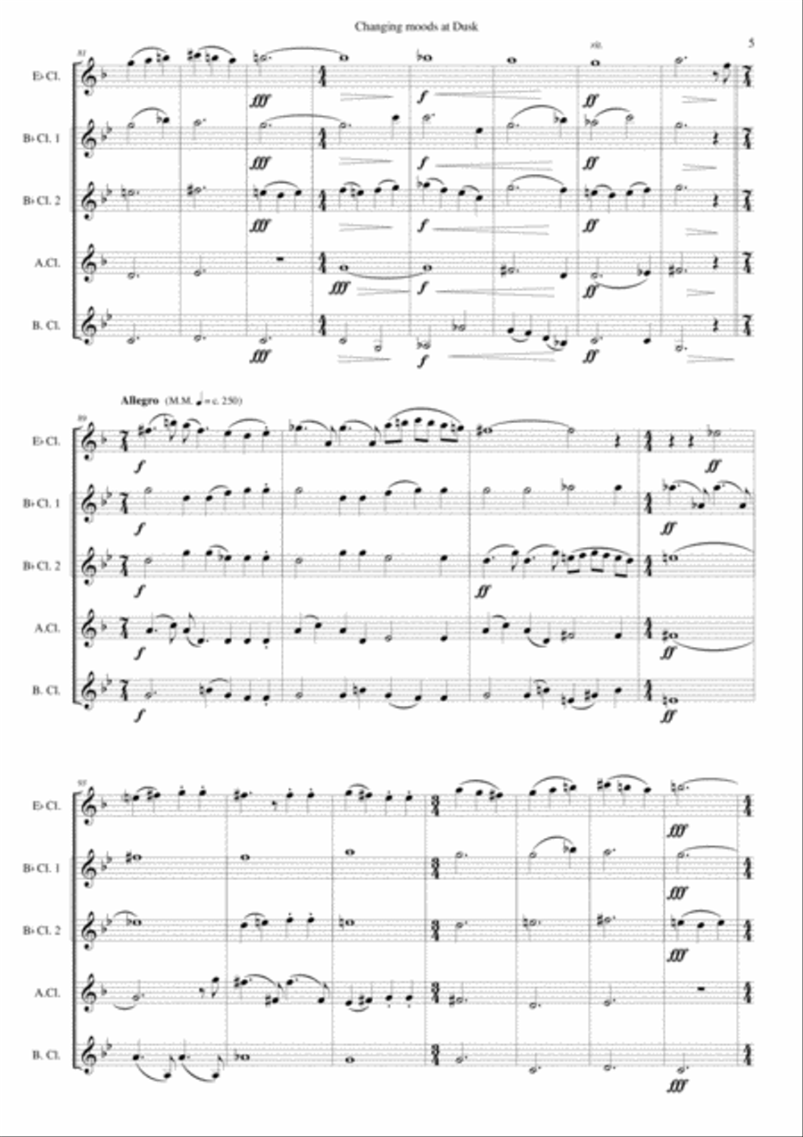 Changing moods at dusk for clarinet quintet (E flat, 2 B flats, Alto, Bass) Clarinet Quintet scores gallery preview page 5