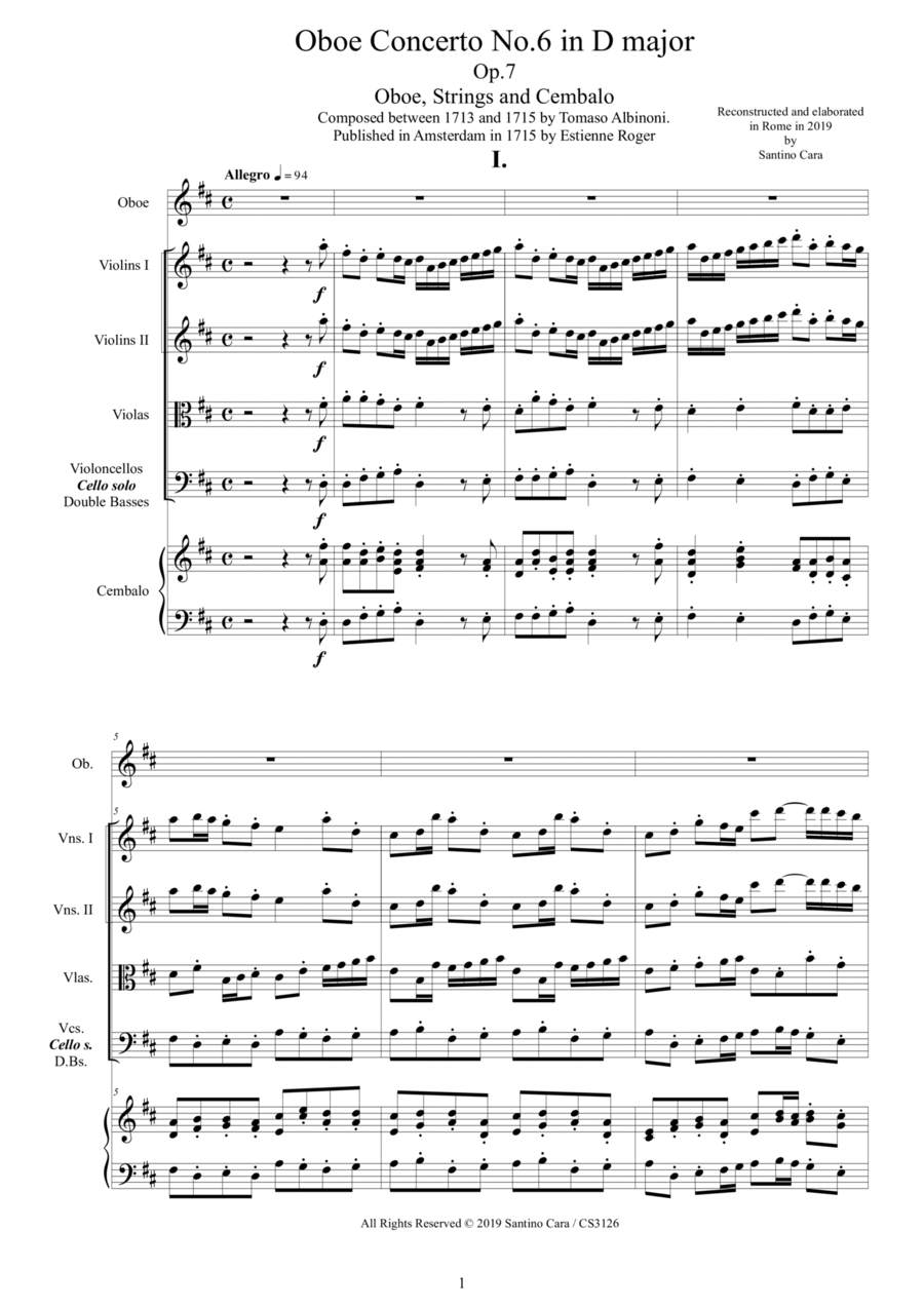 Albinoni - Oboe Concerto No.6 in D major Op.7 for Oboe, Strings and Cembalo Chamber Orchestra scores gallery preview page 1