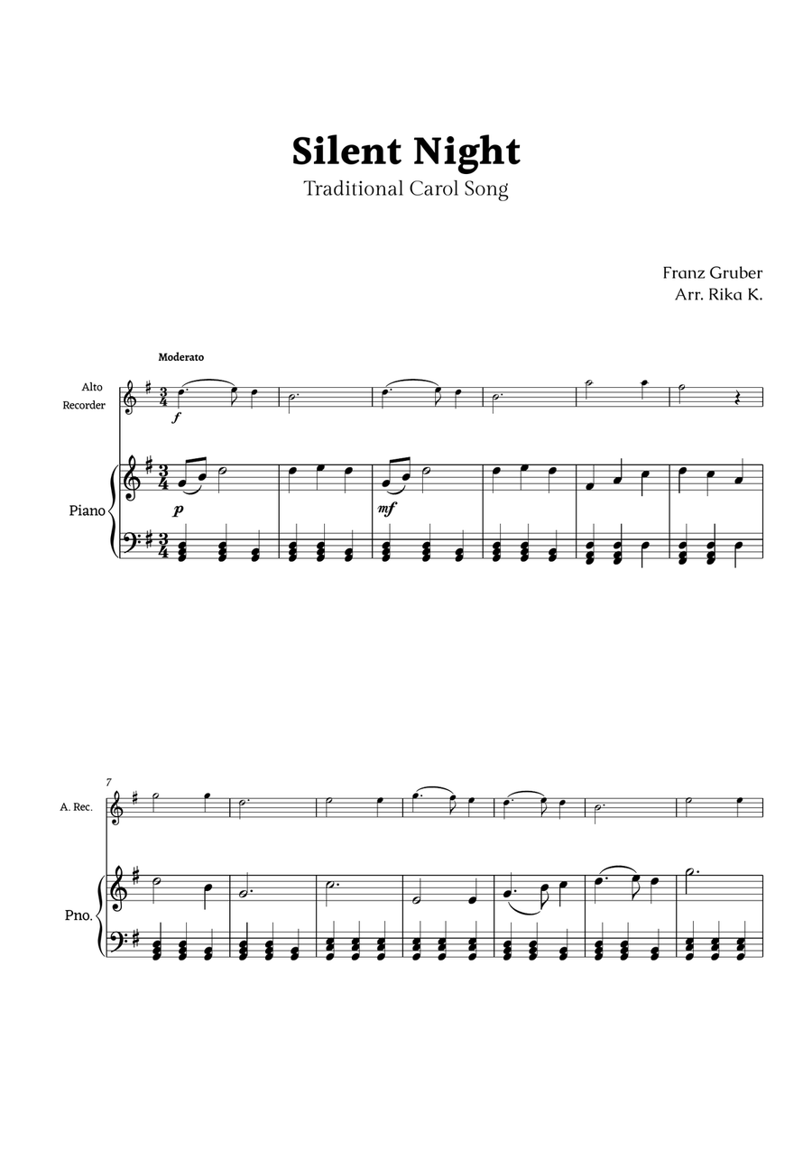 Silent Night for Alto Recorder and Piano Chamber Music scores gallery preview page 1