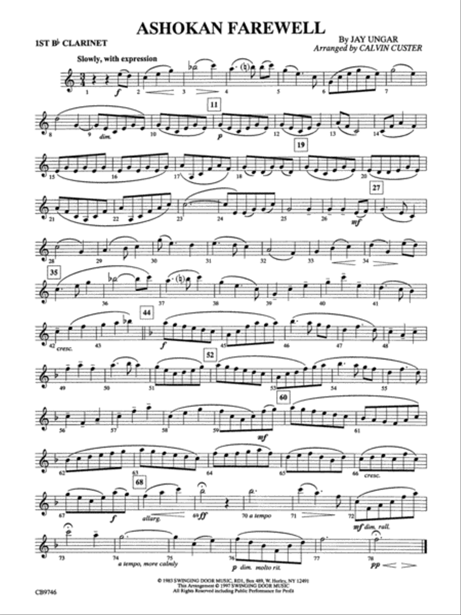 Ashokan Farewell (from The Civil War): 1st B-flat Clarinet Concert Band scores gallery preview page 1