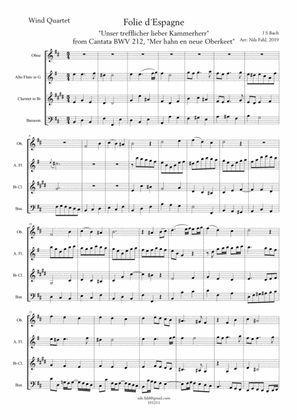 Book cover for J S Bach La Folie d´Espagne - Unser trefflicher - Peasant Cantata, BWV 212. Woodwind Quartet
