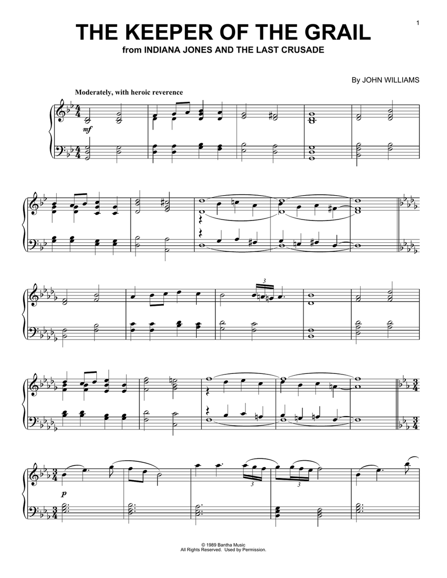 The Keeper Of The Grail (from Indiana Jones and the Last Crucade) Piano Solo scores gallery preview page 1