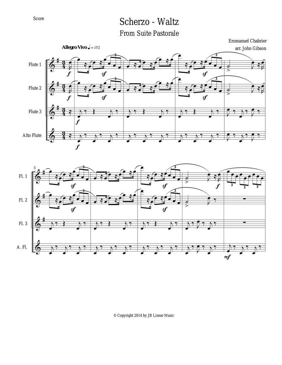 Chabrier - flute quartet - Scherzo from Suite Pastorale Flute Quartet scores gallery preview page 1