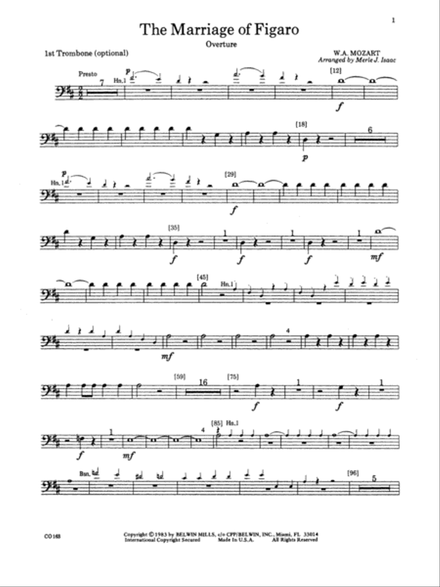 The Marriage of Figaro -- Overture: 1st Trombone Full Orchestra scores gallery preview page 1
