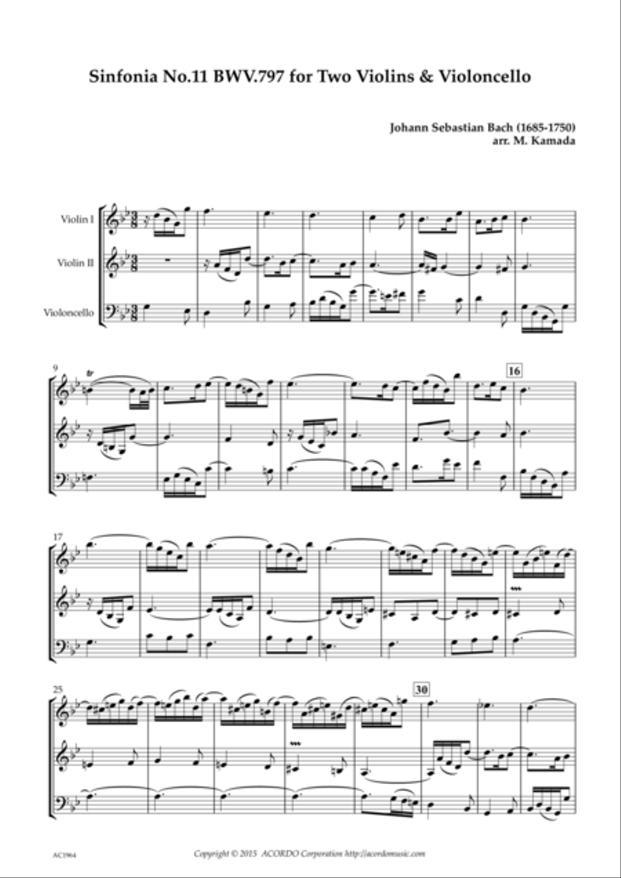 Sinfonia No.11 BWV.797 for Two Violins & Violoncello String Duet scores gallery preview page 1