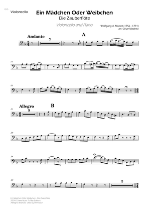Ein Mädchen Oder Weibchen - Cello and Piano (Individual Parts)