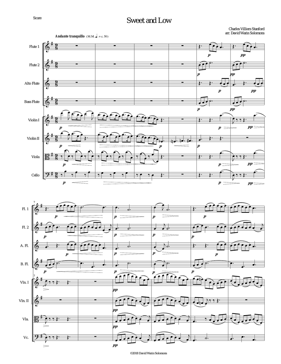 Sweet and Low (Stanford's setting) arranged for flute quartet and string quartet Flute Quartet scores gallery preview page 1