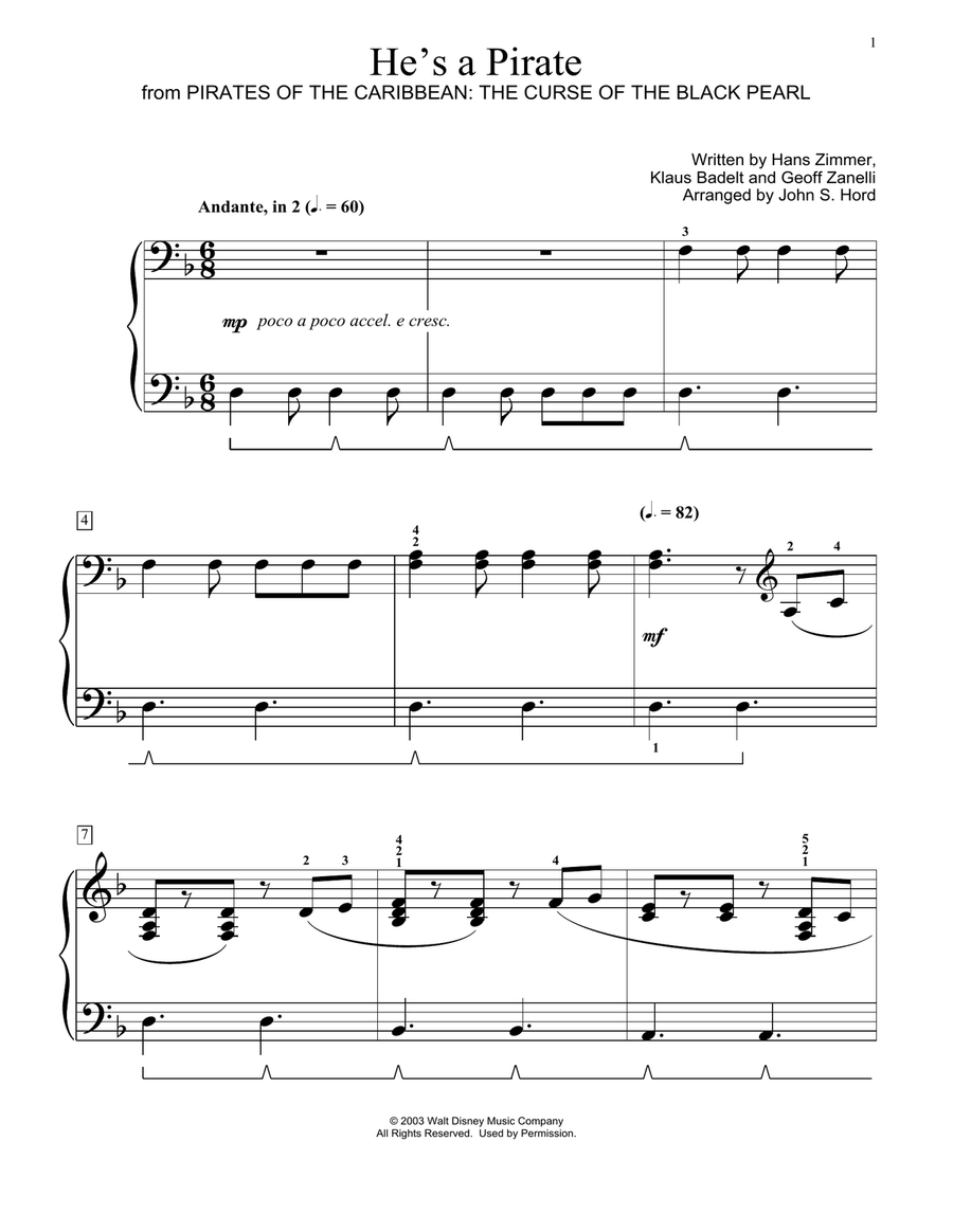 He's A Pirate (from Pirates Of The Caribbean: The Curse of the Black Pearl) (arr. John S. Hord)