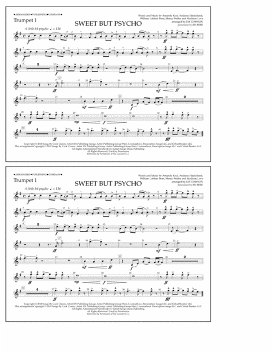Sweet But Psycho (arr. Jay Dawson) - Trumpet 1 Marching Band scores gallery preview page 1