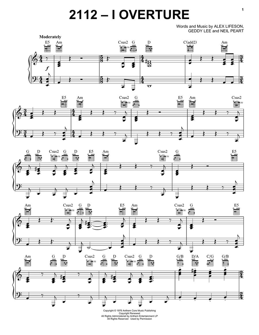 2112 - I. Overture Piano, Vocal, Guitar scores gallery preview page 1