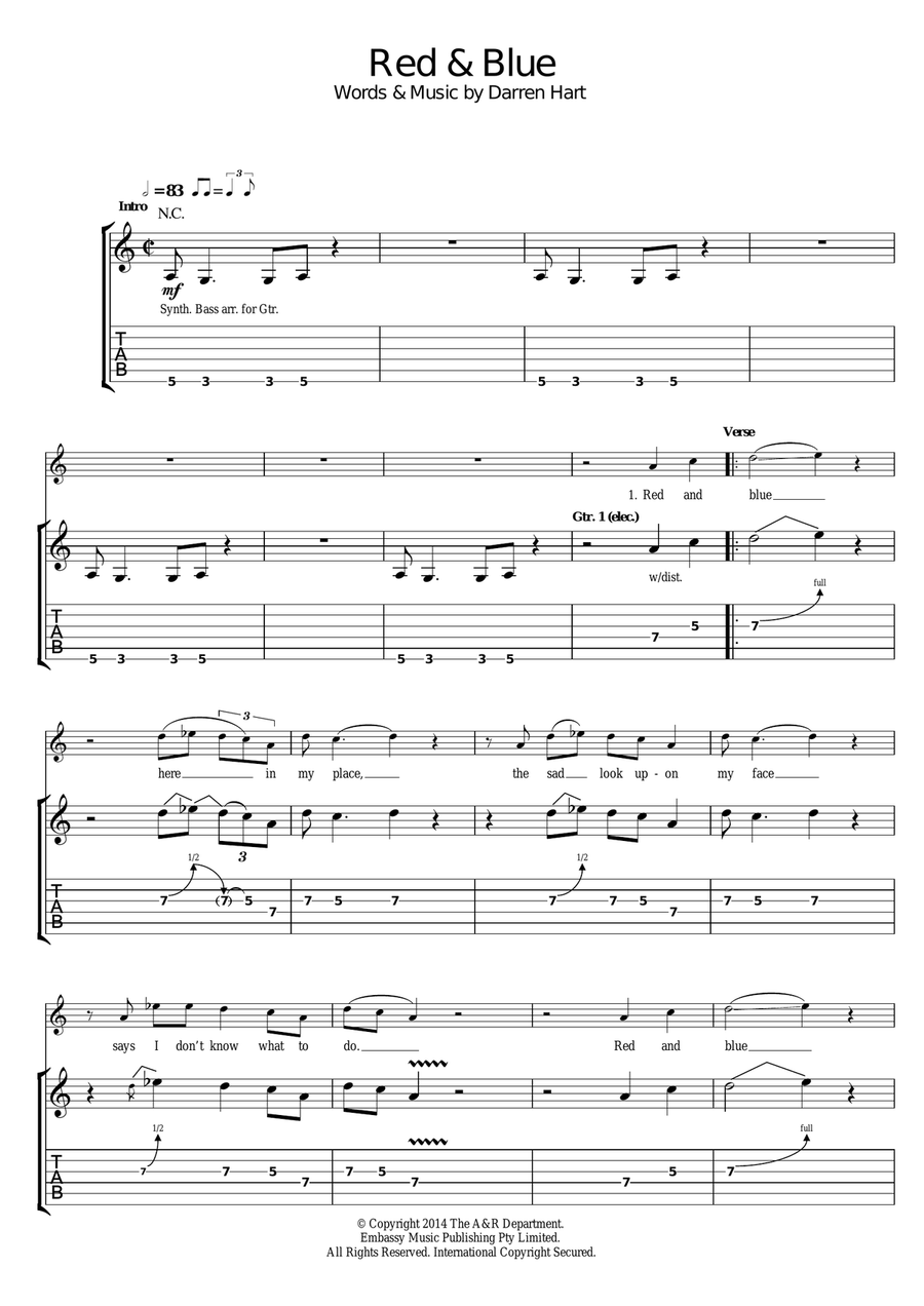 Red And Blue Guitar Tablature scores gallery preview page 1