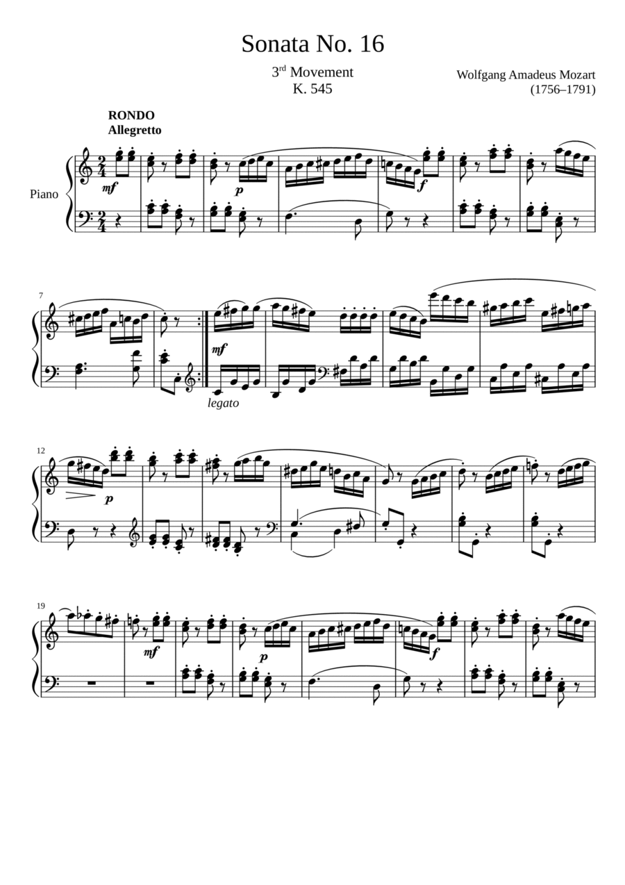 Sonata No. 16, 3rd Movement K. 545 Piano Solo scores gallery preview page 1