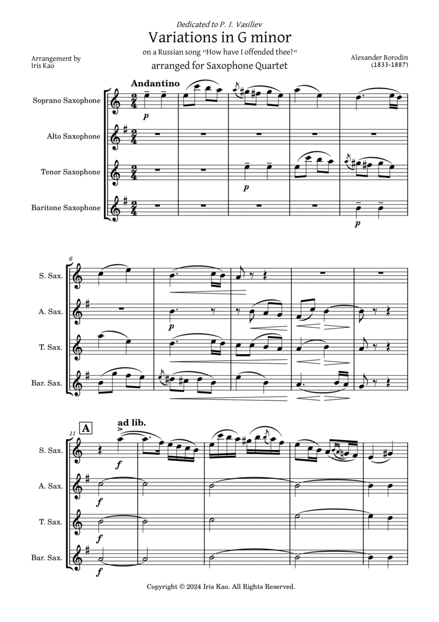 Variations in G minor (Saxophone Quartet) Saxophone Quartet scores gallery preview page 1