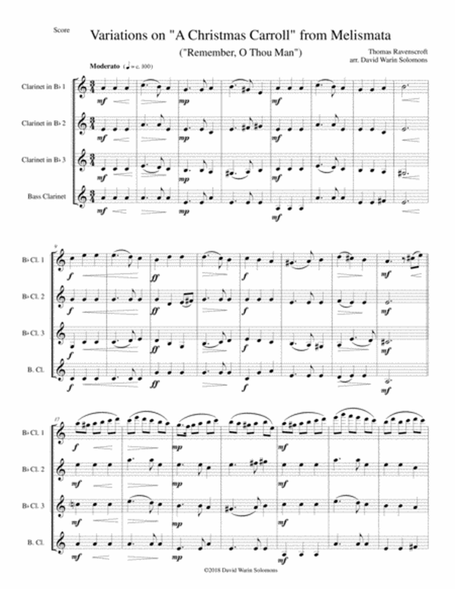 Variations on Remember, O Thou Man (from Ravenscroft's Melismata) for clarinet quartet image number null