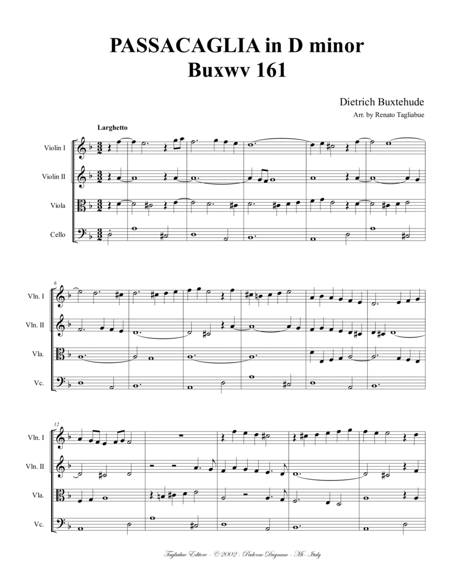 BUXTEHUDE - PASSACAGLIA IN D MINOR - BuxWv 161 - Arr. for String Quartet String Quartet scores gallery preview page 1